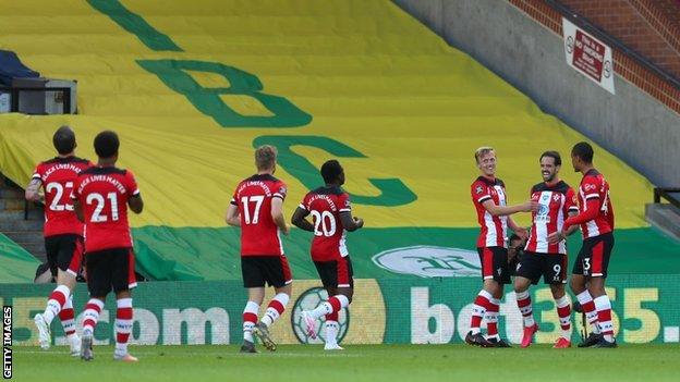 Danny Ings celebrates in front of a banner draped across the empty seats at Carrow Road