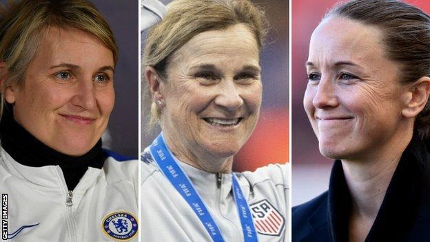 Chelsea boss Emma Hayes, United States manager Jill Ellis and Manchester United's Casey Stoney