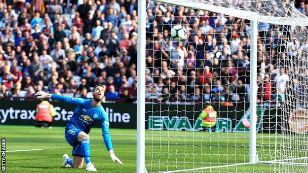 David De Gea reaches as West Ham score their second goal