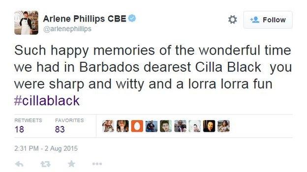 Arlene Phillips Twitter tribute to Cilla Black