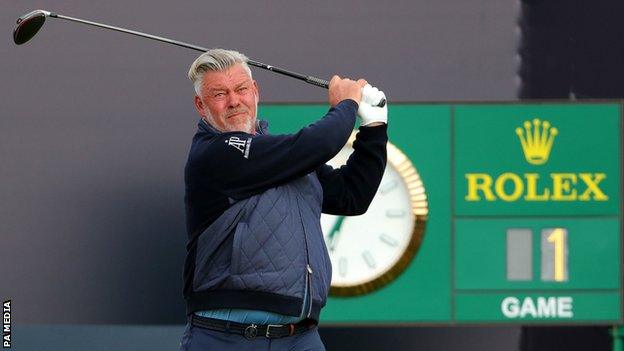 Darren Clarke hits the first shot of the 148th Open at Royal Portrush