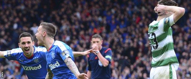 Barrie McKay celebrates scoring for Rangers against Celtic