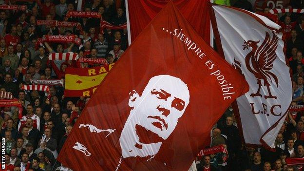 A banner of Rafael Benitez at Anfield