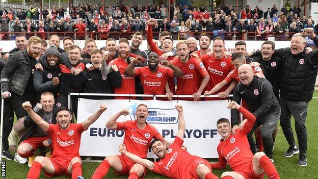 Larne celebrate winning their European play-off final over Cliftonville