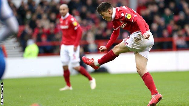 Joe Lolley scores Nottingham Forest's opening goal against Wigan