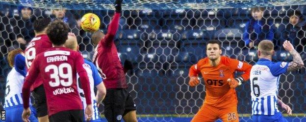 St Mirren forward Simeon Jackson scores against Kilmarnock