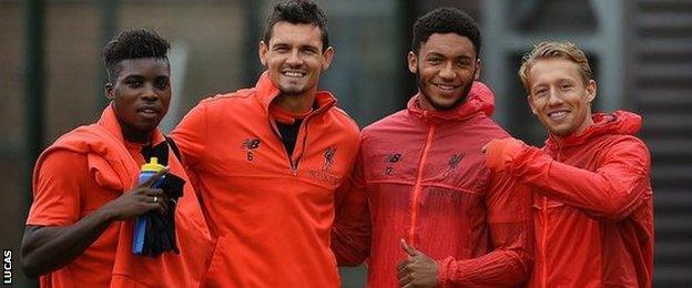 Sheyi Ojo, Dejan Lovren, Joe Gomez and Lucas Leiva