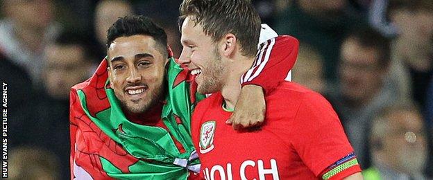 Chris Gunter and Neil Taylor celebrate a Wales win