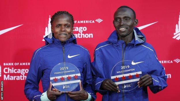 Brigid Kosgei (left) and Lawrence Cherono