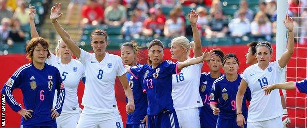 England and Japan players wait for a corner kick