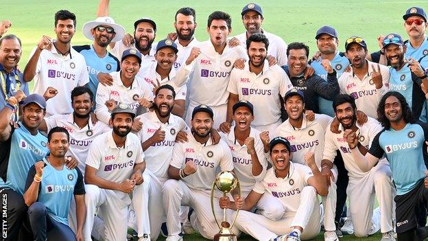 The India players celebrate their 2-1 Test series win over Australia