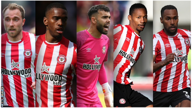 Christian Eriksen, Ivan Toney, David Raya, Ethan Pinnock and Rico Henry