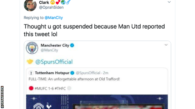 Twitter user jokes Man City's account suspended after Manchester United reported them