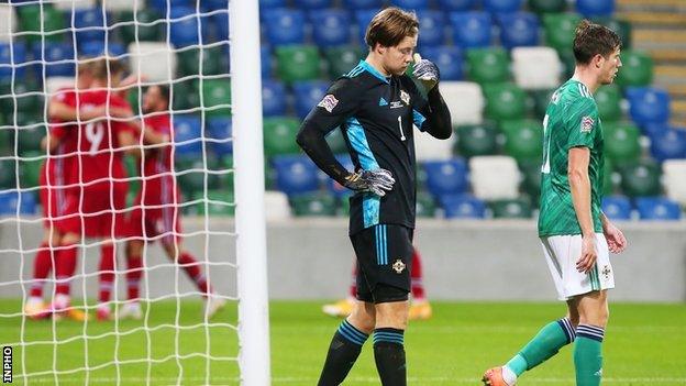 Northern Ireland dejected after a Norway goal