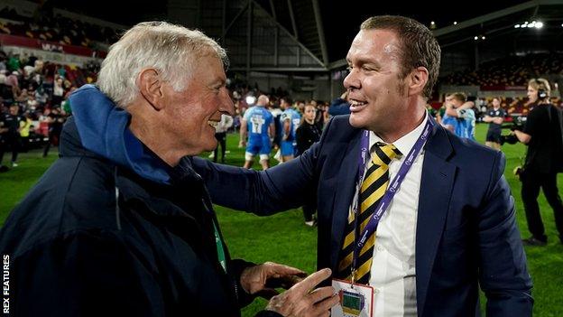 Co-owner Jason Whittingham (right) celebrated winning the Premiership Cup in May with former Warriors director of rugby Alan Solomons