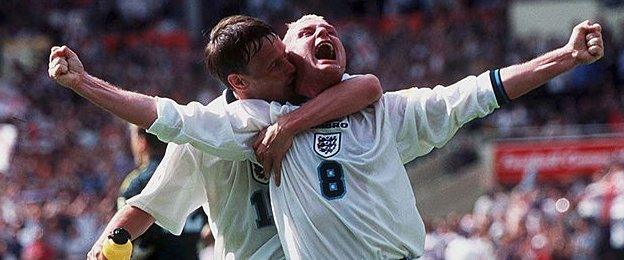 Paul Gascoigne and Teddy Sheringham celebrate