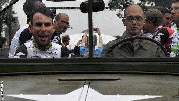 Mark Cavendish in an army vehicle at the presentation of the teams and riders for the 2016 Tour de France