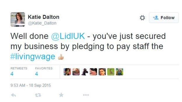 @Katie_Dalton tweets Well done @LidlUK - you've just secured my business by pledging to pay staff the #livingwage