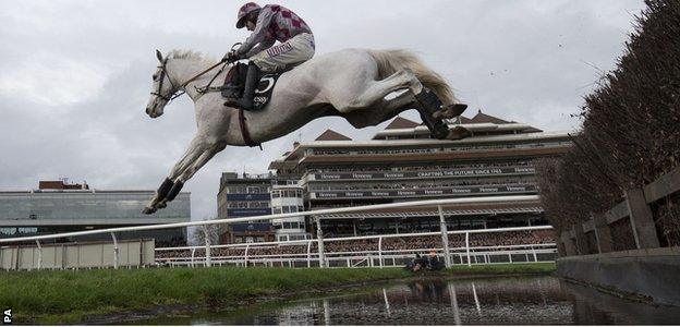 Smad Place, ridden by Wayne Hutchinson, romping to victory at the Hennessy Gold Cup