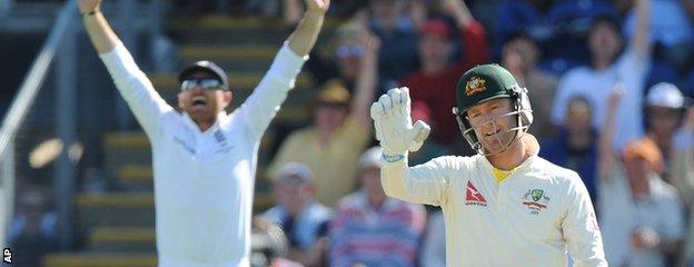 Ian Bell appeals for the wicket of Michael Clarke at slip