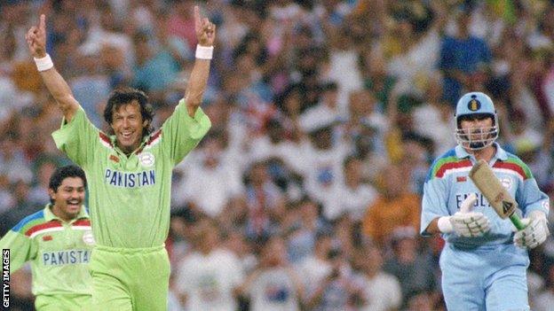 Imran Khan celebrates dismissing England's Richard Illingworth to help Pakistan win the 1992 World Cup