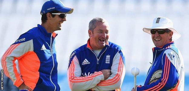 Trevor Bayliss shares a joke with Paul Farbrace and Alastair Cook