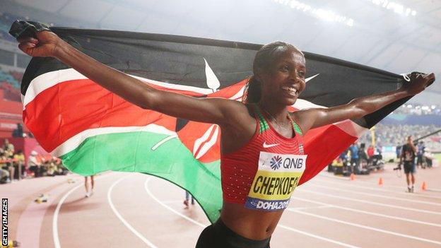 Beatrice Chepkoech celebrates winning gold in the Women's 3000 metres Steeplechase final at the 2019 World Athletics Championships