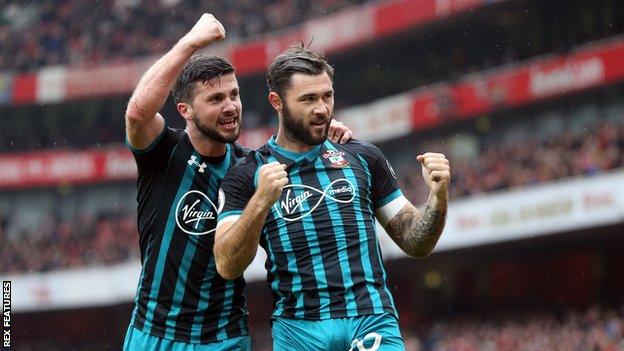 Charlie Austin and Shane Long celebrate