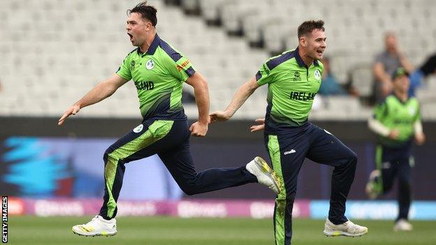 Fionn Hand celebrates his dismissal of Ben Stokes in Ireland's shock victory over England at the T20 World Cup