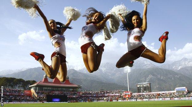 Cheerleaders dance at Dharamshala