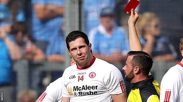 Sean Cavanagh is dismissed by referee David Gough in the Croke Park quarter-final against Mayo