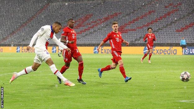 Kylian Mbappe scores the opener against Bayern Munich