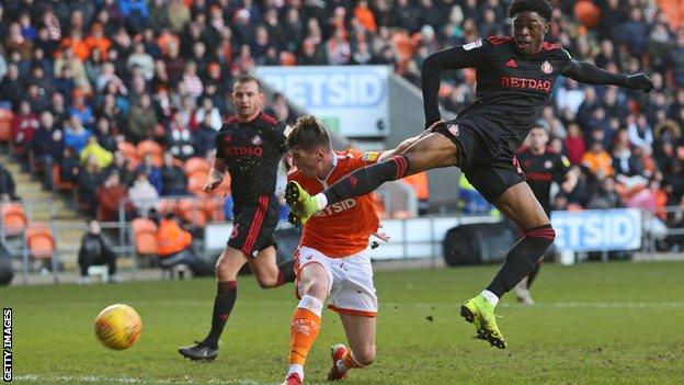 Sunderland's Josh Maja scores at Blackpool