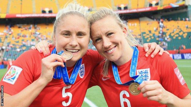 Steph Houghton and Laura Bassett with their 2017 European Women's Championship bronze medals