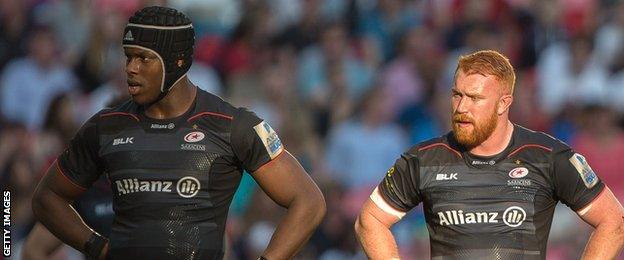 Mako Itoje and Joel Conlon playing together for Saracens in 2017