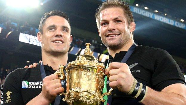 All-time greats Dan Carter and Richie McCaw celebrate with the Rugby World Cup