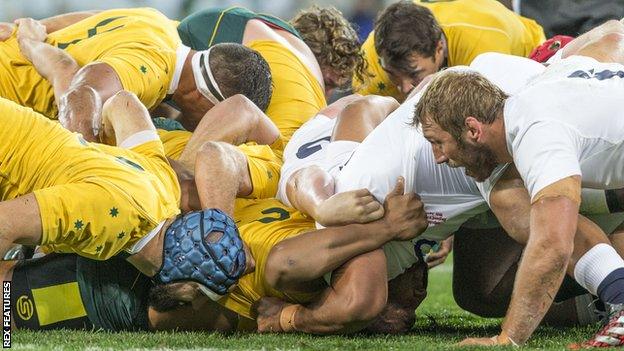 A scrum collapses during England's 3-0 away victory over the Wallabies in June