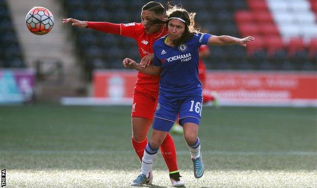 Shanice van de Sanden of Liverpool in action with Ana Borges of Chelsea