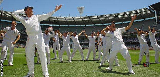 England celebrate their victory by performing the 'sprinkler' dance