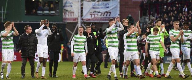 Celtic players salute their supporters after losing to Hearts