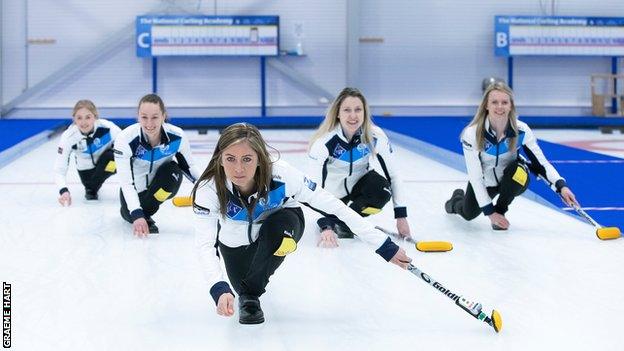 Eve Muirhead, front, is joined in Calgary by Vicky Wright, Jen Dodds, Lauren Gray and alternate Sophie Sinclair