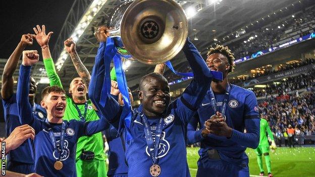 N'Golo Kante lifts the Champions League trophy