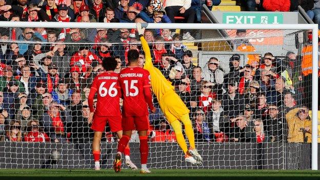 Alisson is beaten from 25 yards by Brighton's Enock Mwepu