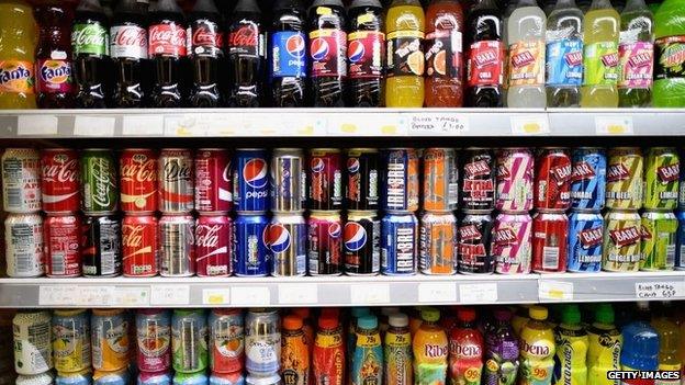 Fizzy drinks on shop shelf