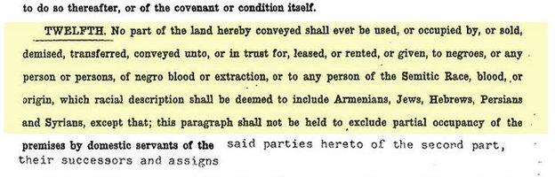 Example of racially restrictive covenant, 1958, Washington DC