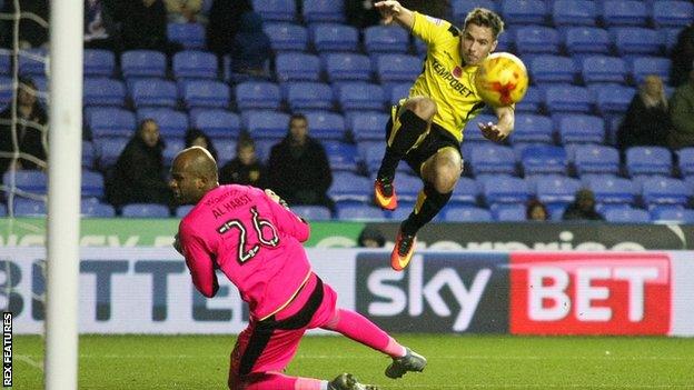 Will Miller shoots at goal for Burton