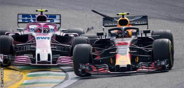 Esteban Ocon and Max Verstappen collide