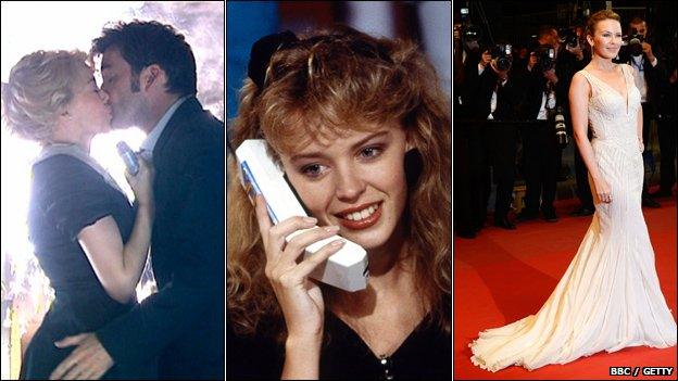 Kylie in Doctor Who (2007), taking phone calls on Going Live (1988) and at the Cannes Film Festival (2013)