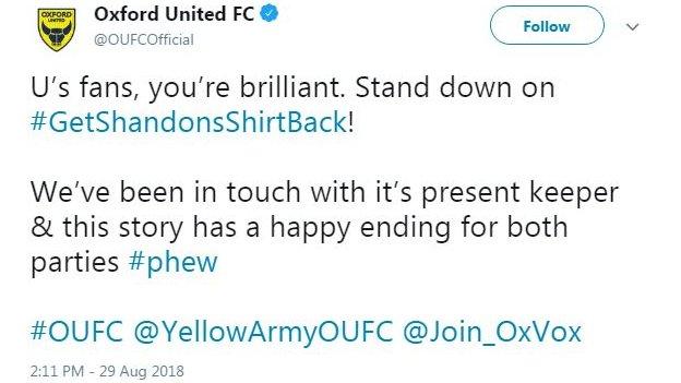 Oxford United tweet