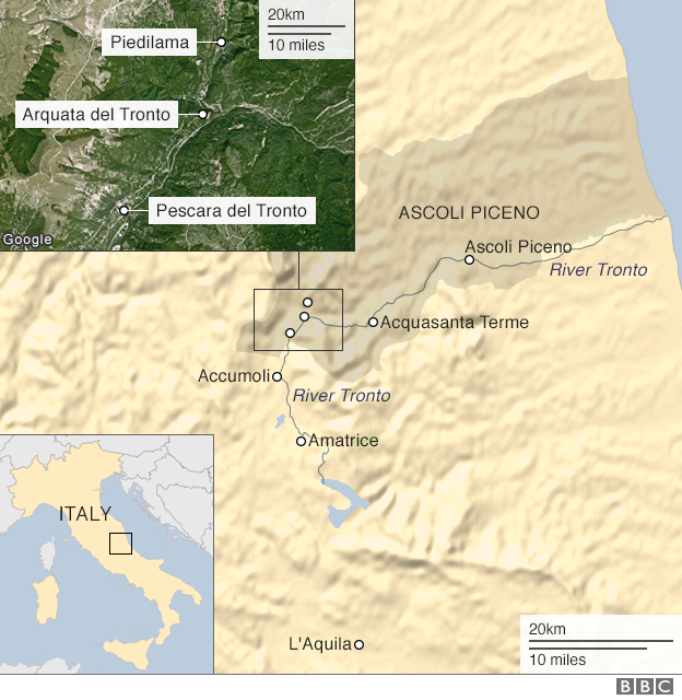 Map of quake areas in Central Italy